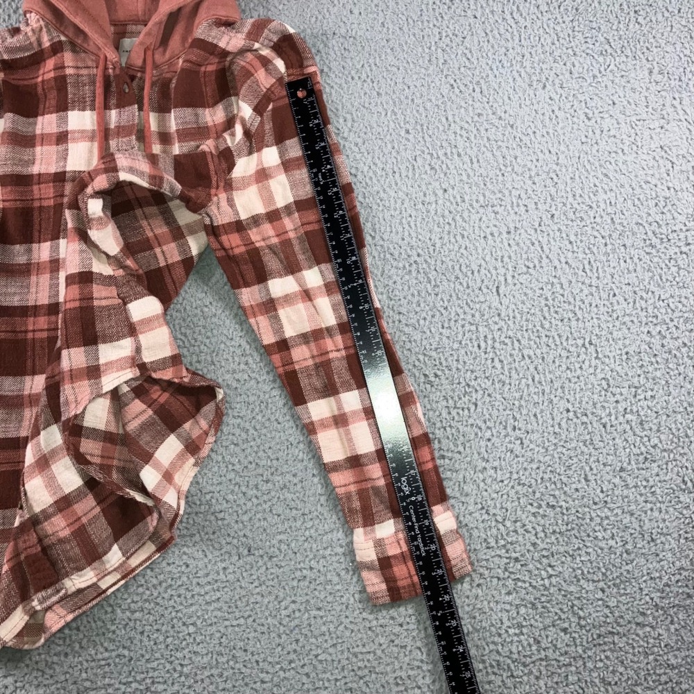 American Eagle Hooded Flannel Shirt Women Small Brown Pink Button Up Y2K Shacket - Picture 10 of 10